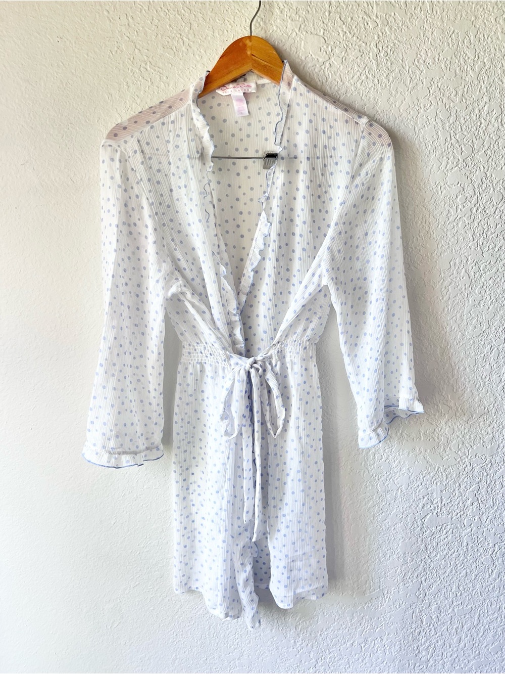 Oscar de la Renta Pink Label Chiffon Blue Polka Dot Ruffle Robe Sz L